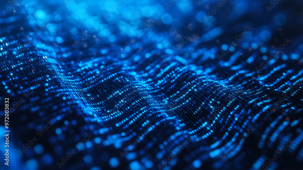 Poster abstract blue wave pattern illustration depicting digital data flow in a futuristic environment
