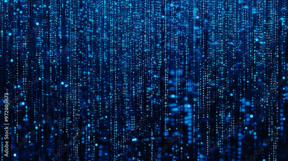 Aufkleber digital rain display illustrating cascading binary code against a deep blue backdrop