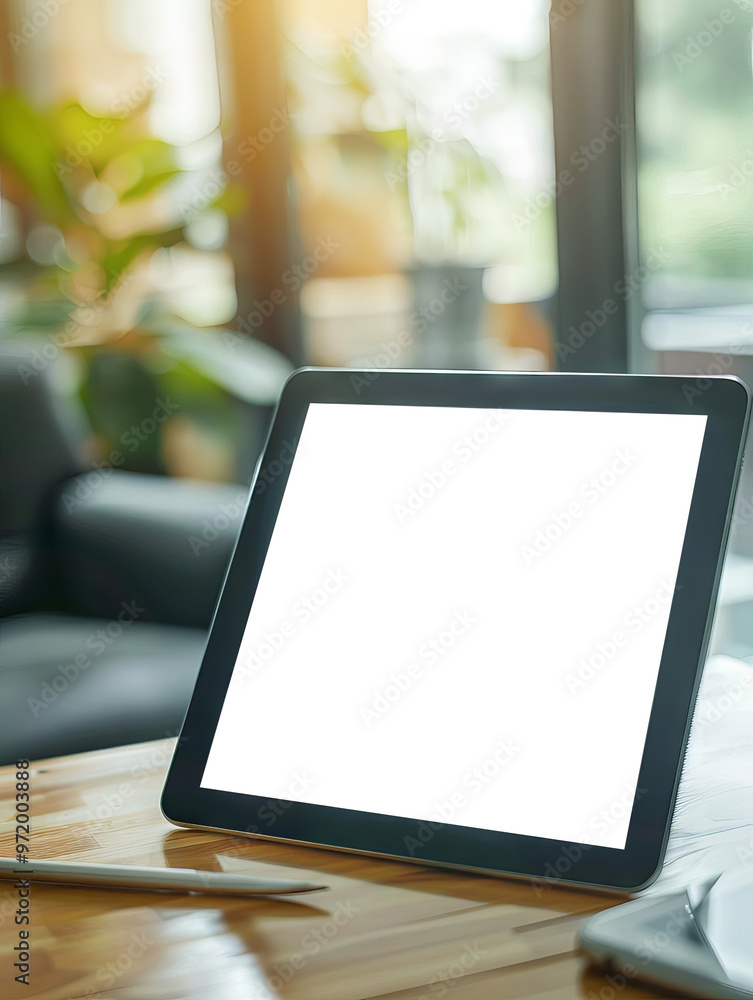 Poster A tablet displaying data analytics with graphs and metrics in a modern workspace. Perfect for business and technology themes.