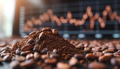 Close-up of ground coffee and beans with a blurred stock market chart background, symbolizing coffee market trends.