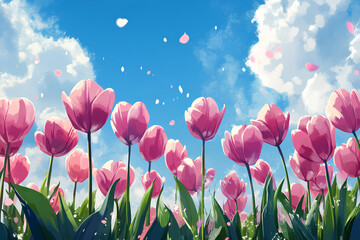A vibrant field of pink tulips under a bright blue sky with fluffy clouds.