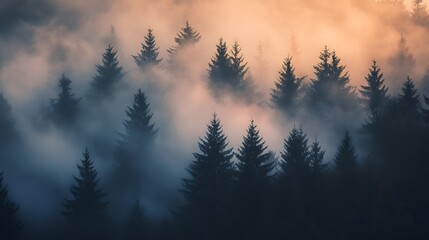 Silhouetted Pine Trees Emerging from a Misty Forest at Dawn