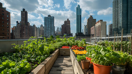 Fototapeta premium A rooftop garden in the city filled with fresh vegetables and herbs offering a sustainable oasis among the skyscrapers