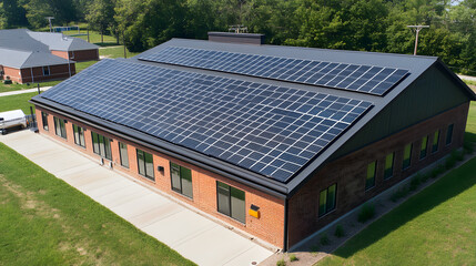 A community working together to install solar panels on the roof of a public building embracing renewable energy solutions