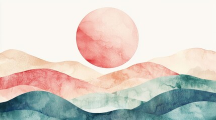 A serene watercolor landscape featuring soft waves and a warm sun, perfect for soothing and calming visual aesthetics.
