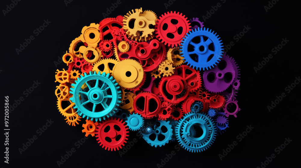 Poster brightly colored gears interlocking to form vibrant and dynamic composition, showcasing creativity a
