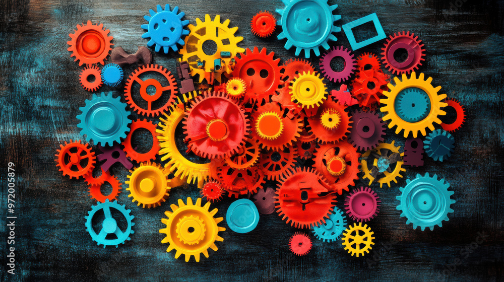 Poster brightly colored gears interlocking to form vibrant and dynamic pattern, showcasing playful arrangem