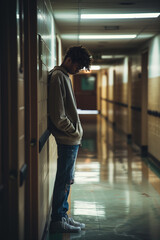 Distressed teen boy hides face in school corridor, feeling overwhelmed and alone