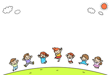 子供　ジャンプ　外　楽しい　コピースペース