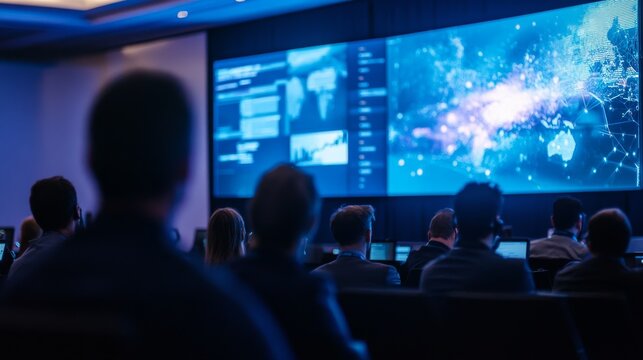 A global cybersecurity conference where the latest trendy topics in the field are discussed, with interactive screens and real-time demos