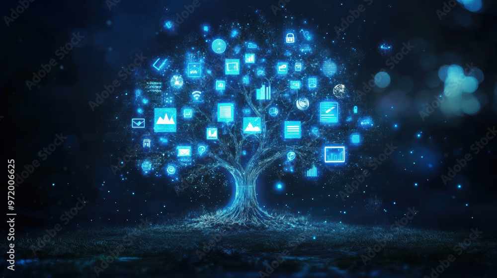 Poster a glowing abstract tree made of digital icons represents growth and innovation in technology. this c