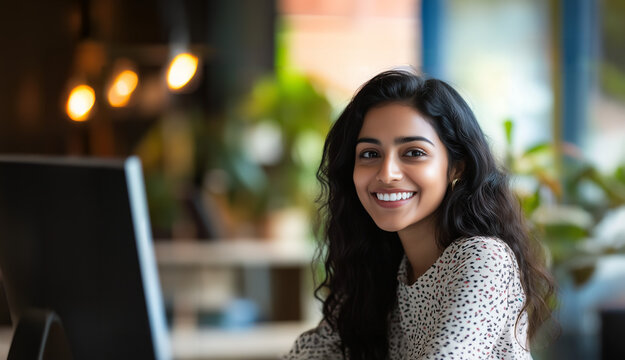Beautiful Young Professional Working on her Desktop in a Modern Office, Young Business Woman Smiling at the Camera on a Computer
