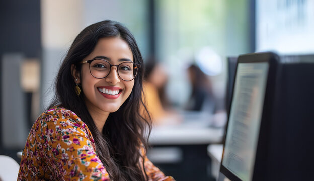Young Woman Smiling while Working on her Computer, South Asian Young Professional Woman Wearing Glasses