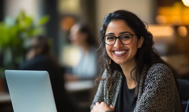 Young Professional Woman Wearing Glasses Working on her Laptop, woman Wearing a Cardagin Smiling in a Modern Office