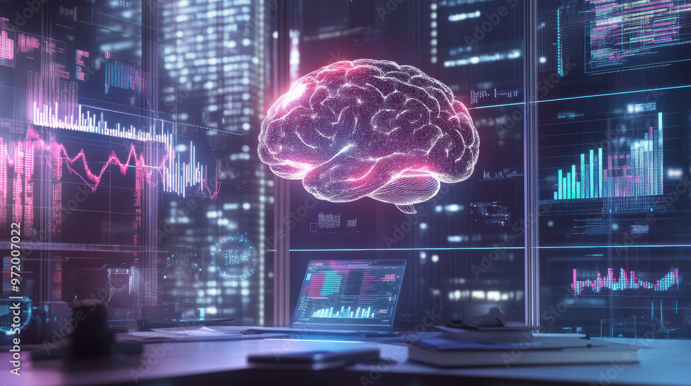 Poster a holographic brain floats above desk, surrounded by digital data and graphs in modern office settin