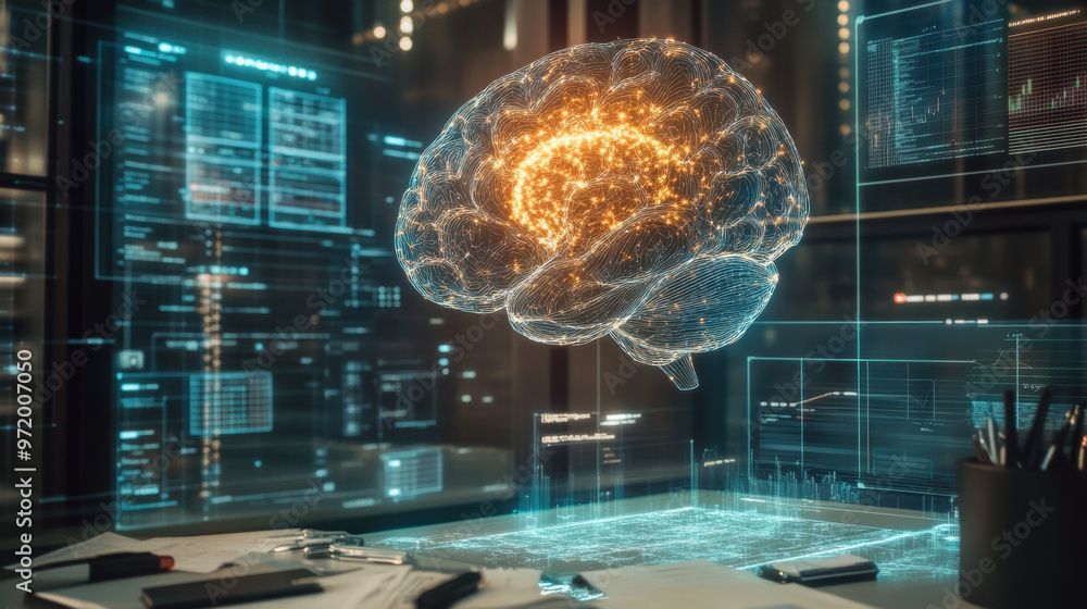 Poster a holographic brain floats above desk, surrounded by digital data and graphs, creating futuristic at