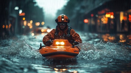 Rescue worker navigating a flooded street in a kayak during rain.
