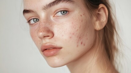 Close-up view of a young adult's face with acne blemishes, highlighting common skin concerns such as pimples, blackheads, and inflammation. Focus on the different stages of acne and its impact on skin