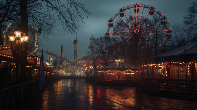 Halloween Carnival, a creepy carnival with a haunted ferris wheel, eerie lights, and carnival games, Halloween, with copy space