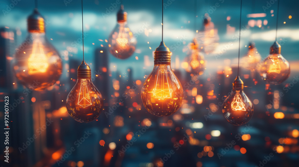 Poster illuminated lightbulbs float above vibrant cityscape, creating magical atmosphere filled with warmth