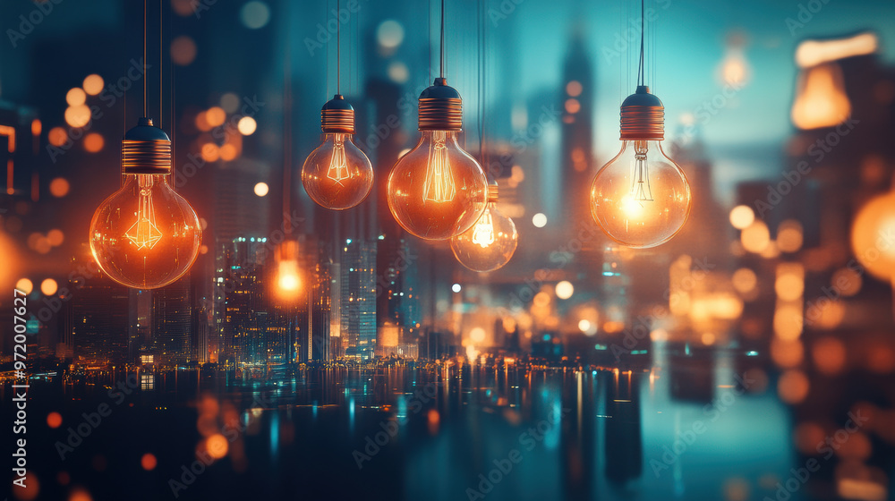 Poster bright lightbulbs float above an abstract cityscape, creating captivating atmosphere filled with vib