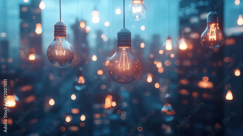 Aufkleber floating lightbulbs of different shapes and sizes illuminate cityscape at dusk, creating warm and in