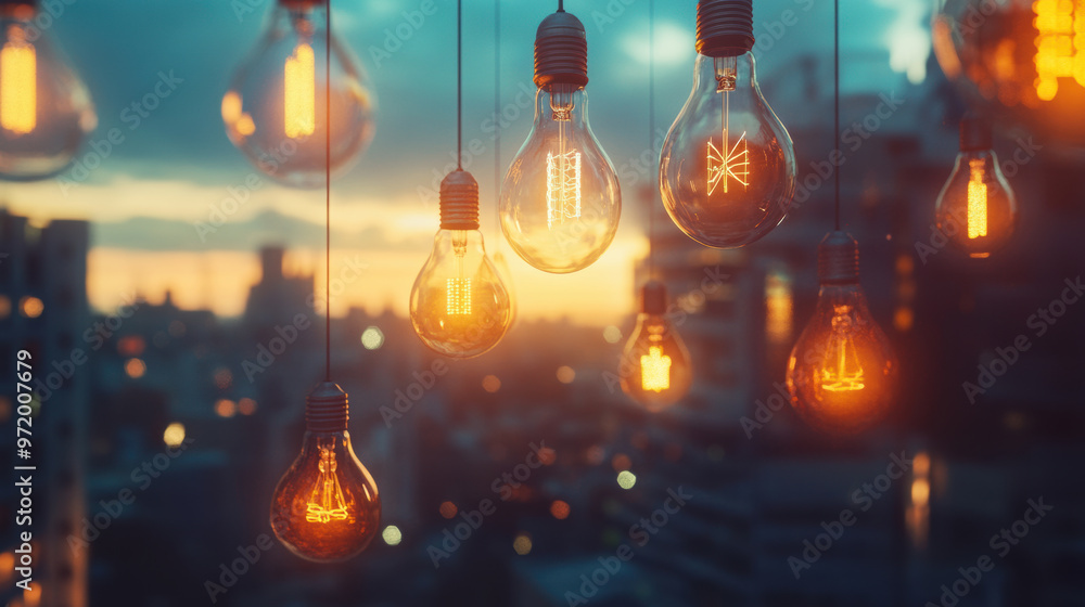 Poster floating lightbulbs of different shapes and sizes illuminate evening sky, creating warm and inviting