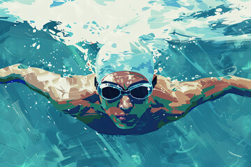 swimmer in uniform and hat swimming in pool. Vector illustration.