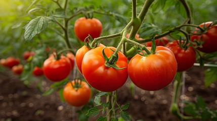 A bunch of ripe red tomatoes hanging from a plant 