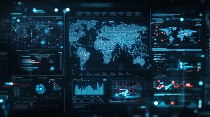 A high-tech news dashboard with global maps, graphs, and trending news stories highlighted