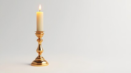 83. A detailed 3D render of a traditional brass candlestick with a lit candle, isolated on a pristine white background
