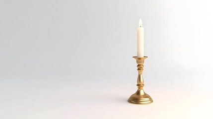Naklejka premium 83. A detailed 3D render of a traditional brass candlestick with a lit candle, isolated on a pristine white background