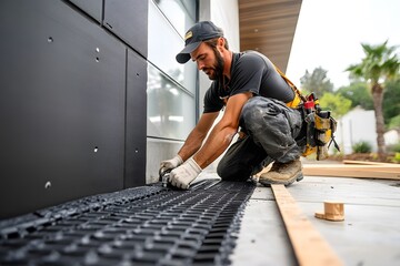 Construction worker installing drainage system.