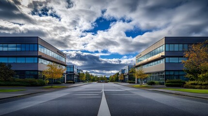 Modern Office Buildings and Street with Dramatic Clouds