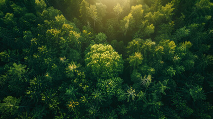 Aerial view of green forest in the morning