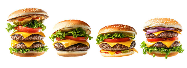 Delicious hamburger or Cheeseburger floating in the air over white background