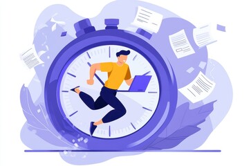 Man Rushing with Laptop and Stopwatch