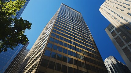 Obraz premium Tall glass and steel skyscraper with a blue sky background