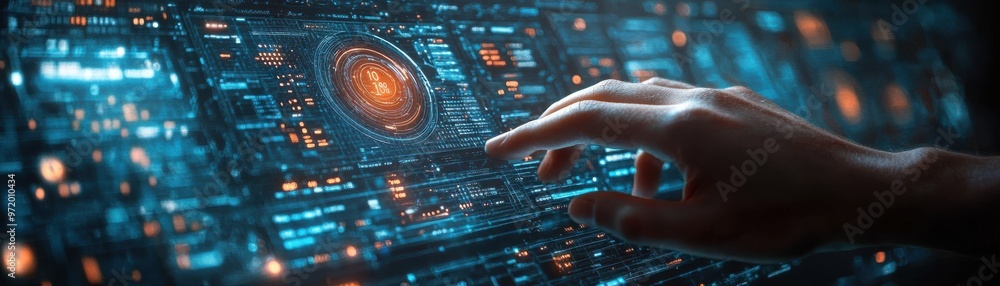 Poster futuristic interface with hand interacting with advanced digital technology. high-tech touchscreen d
