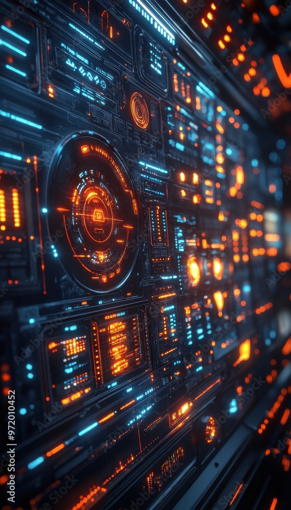 Poster futuristic digital interface with glowing orange and blue lights, representing advanced technology a