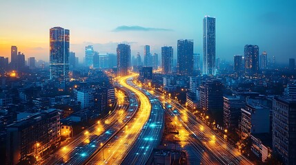 Obraz premium A bird’s-eye view of a modern metropolis at night, with glowing digital pathways connecting smart transportation systems and towering skyscrapers.