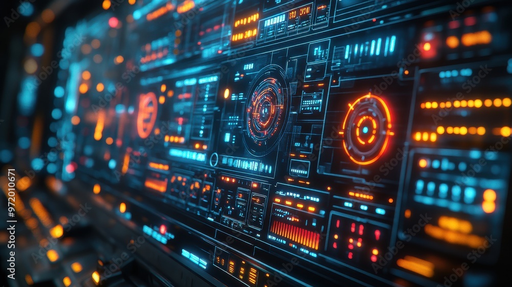 Poster futuristic control panel with glowing digital interfaces and hud elements, showcasing advanced techn
