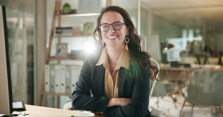 Computer, glasses and smile of business woman at desk in office for administration or research. Accounting, bookkeeping and portrait of finance employee at work for professional wealth management