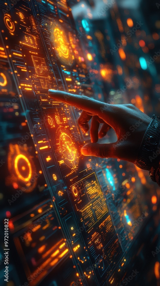Poster futuristic digital interface with hand interacting, featuring glowing data and technological element
