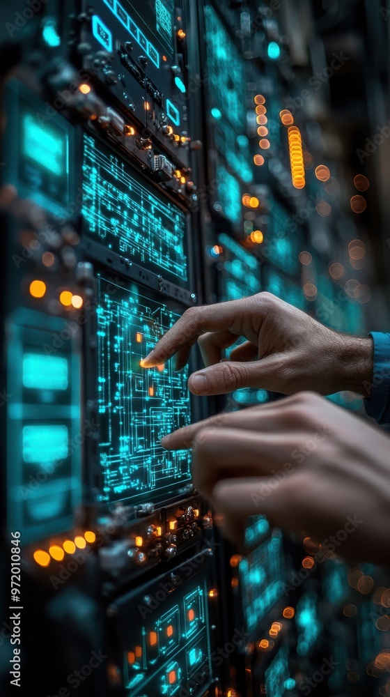 Poster hands adjust control panels with digital neon lights in a high-tech environment, symbolizing modern 