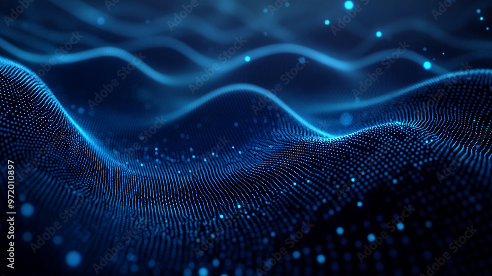 Poster abstract representation of digital waves illuminated in blue glowing light with particles floating