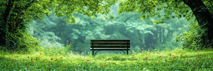 Lush Green Garden with Rustic Wooden Bench and Blooming Flowers
