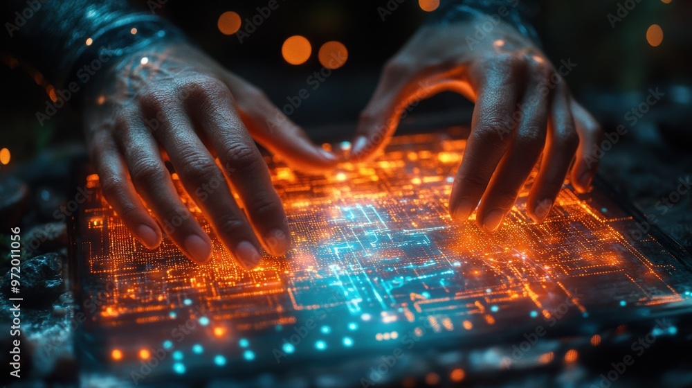 Poster hands interacting with a glowing digital interface in a futuristic setting, depicting advanced techn