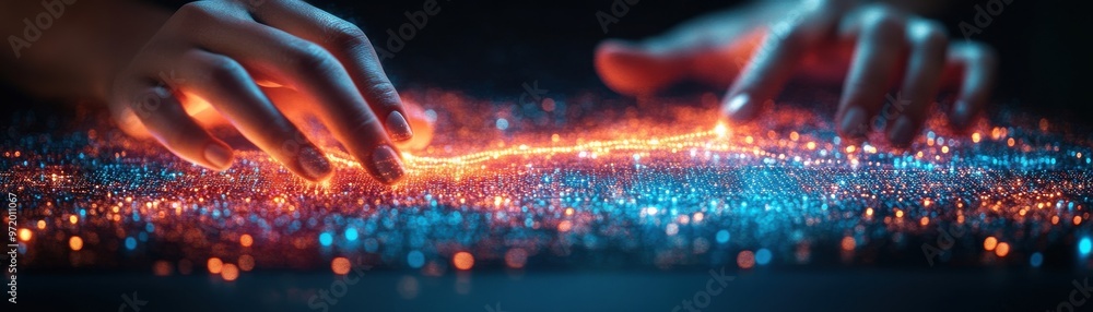 Poster hands interacting with a glowing digital interface, symbolizing modern technology and innovation.