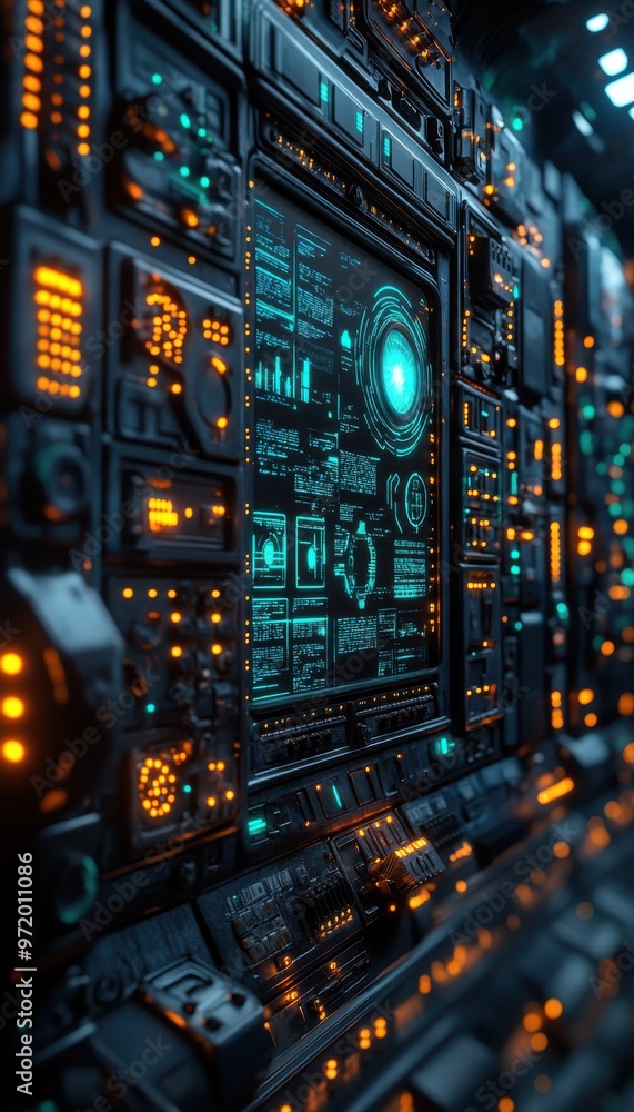 Poster futuristic control panel with glowing screens and buttons. high-tech interface in a dimly lit room. 